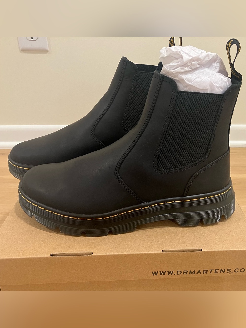 NIB Dr. Martens Black Chelsea Platform Boots with Yellow Stitching